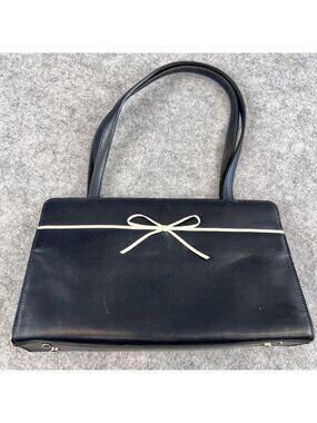 Ann Taylor Shoulder Bag Womens Small Black Leather Bow Trim Zip Top Purse Preppy